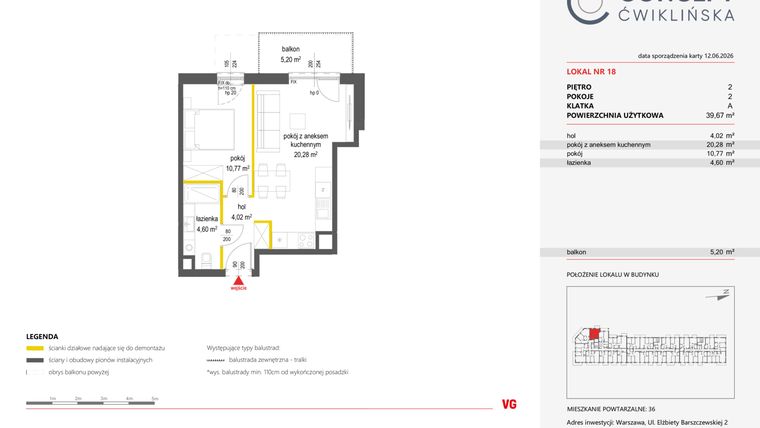 Rzut - Mieszkanie na sprzedaż 2 pokoje o powierzchni 39,67 m² - numer 18 w Concept Ćwiklińska
