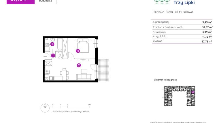 Rzut - Mieszkanie na sprzedaż 2 pokoje o powierzchni 37,73 m² - numer 2.B.0.03 w Murapol Trzy Lipki etap II