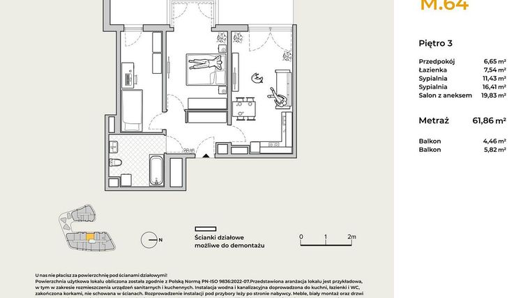 Rzut - Mieszkanie na sprzedaż 3 pokoje o powierzchni 61,86 m² - numer M64 w Baja Piaśniki