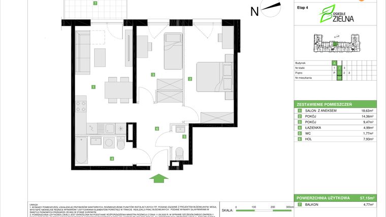 Rzut - Mieszkanie na sprzedaż 3 pokoje o powierzchni 57,15 m² - numer A.34 w Osiedle Zielna IV