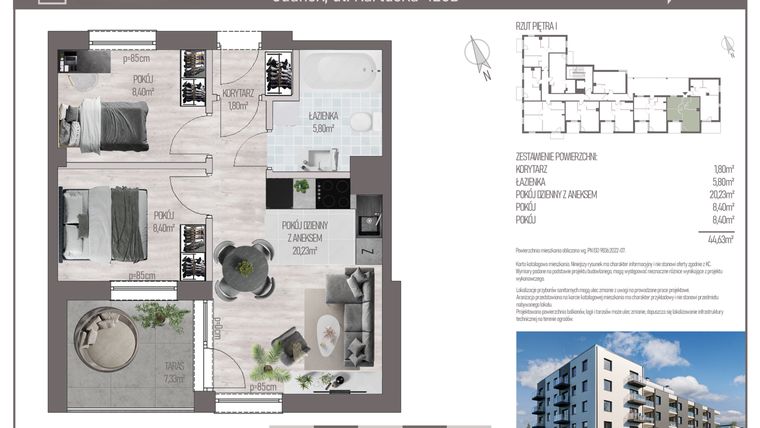 Rzut - Mieszkanie na sprzedaż 3 pokoje o powierzchni 44,63 m² - numer M.C.18 w Cichy Zakątek