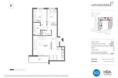 Rzut - Mieszkanie na sprzedaż 3 pokoje o powierzchni 75,96 m² - numer G.3.1 w Łopuszańska 47 - etap 2