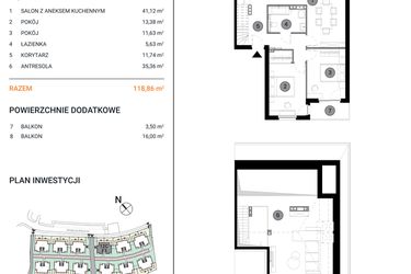 Rzut - Mieszkanie na sprzedaż 3 pokoje o powierzchni 118,86 m² - numer 12C.6 w Wille Miejskie Lekcyjna