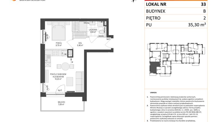 Rzut - Mieszkanie na sprzedaż 2 pokoje o powierzchni 35,3 m² - numer B.33 w Osiedle Warszawska etap III