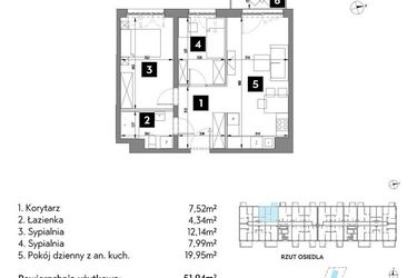 Rzut - Mieszkanie na sprzedaż 3 pokoje o powierzchni 51,95 m² - numer A1/1/6 w Metr Kwadrat