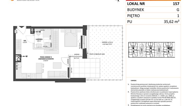 Rzut - Mieszkanie na sprzedaż 1 pokój o powierzchni 35,62 m² - numer G.157 w DOKI Living etap II