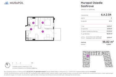 Rzut - Mieszkanie na sprzedaż 1 pokój o powierzchni 38,02 m² - numer 6.A.2.04 w Murapol Osiedle Szafirove
