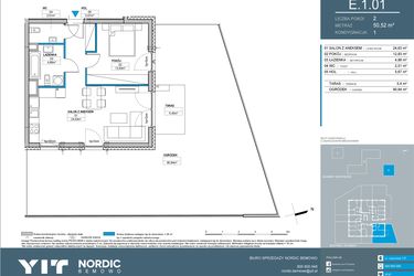 Rzut - Mieszkanie na sprzedaż 2 pokoje o powierzchni 50,52 m² - numer E.1.01 w Nordic Bemowo - etap IV