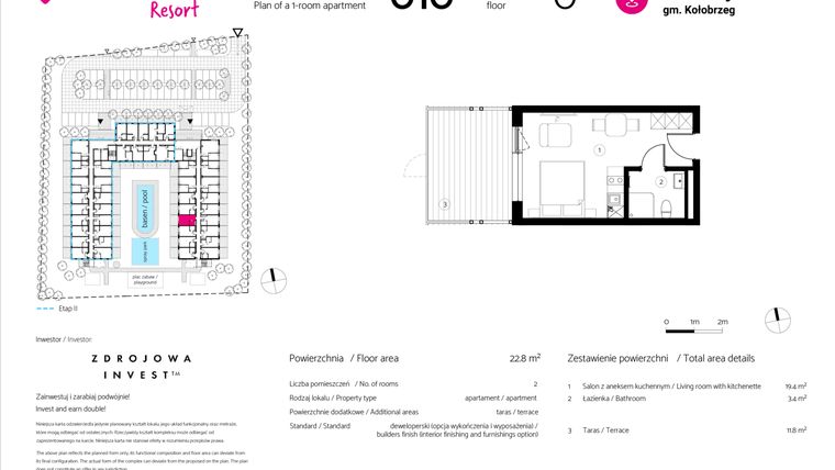 Rzut - Mieszkanie na sprzedaż 1 pokój o powierzchni 22,8 m² - numer 010 w VacationClub Resort
