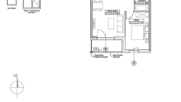 Rzut - Mieszkanie na sprzedaż 2 pokoje o powierzchni 42,83 m² - numer A.3.3.2 w Forma