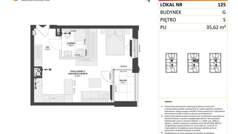Rzut - Mieszkanie na sprzedaż 1 pokój o powierzchni 35,62 m² - numer G.125 w DOKI etap II (bud. G)