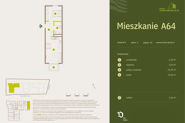 Rzut - Mieszkanie na sprzedaż 2 pokoje o powierzchni 46 m² - numer A64 w Osiedle Imbramowskie