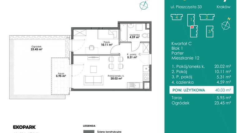 Rzut - Mieszkanie na sprzedaż 2 pokoje o powierzchni 40,03 m² - numer C1-12 w Slow City