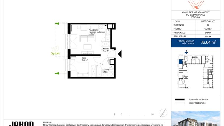 Rzut - Mieszkanie na sprzedaż 2 pokoje o powierzchni 36,64 m² - numer D.D67 w Wieruszowska D