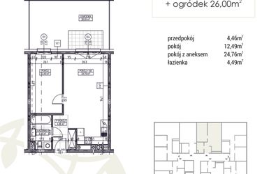Rzut - Mieszkanie na sprzedaż 2 pokoje o powierzchni 46,2 m² - numer A1.00.04 w Zakątek Flora