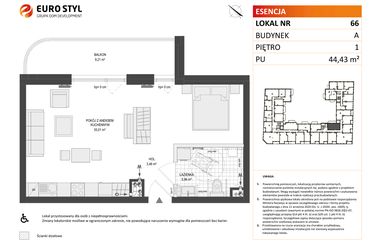 Rzut - Mieszkanie na sprzedaż 1 pokój o powierzchni 44,43 m² - numer A.66 w Esencja