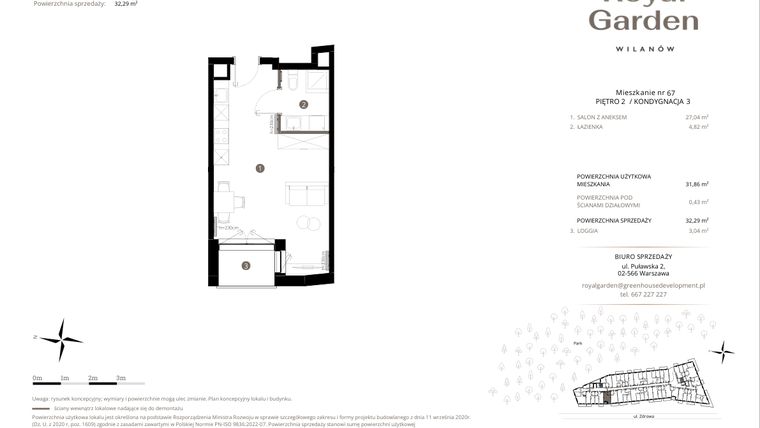 Rzut - Mieszkanie na sprzedaż 1 pokój o powierzchni 31,86 m² - numer M.67 w Royal Garden Wilanów