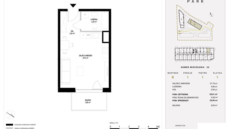 Rzut - Mieszkanie na sprzedaż 1 pokój o powierzchni 29,99 m² - numer B1.20 w Witosa Park