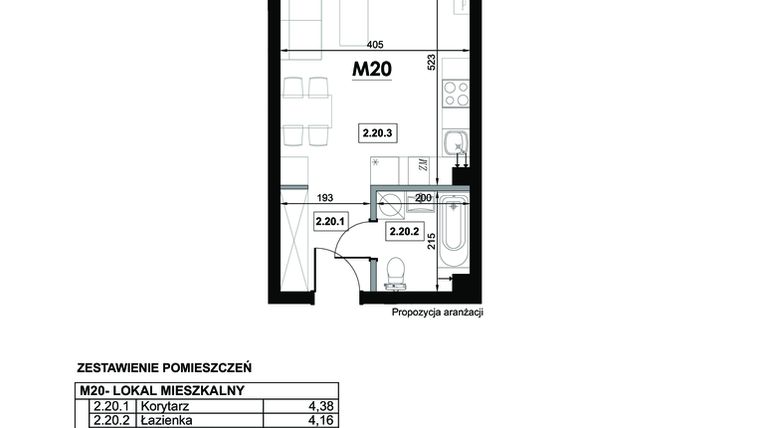 Rzut - Mieszkanie na sprzedaż 1 pokój o powierzchni 29,51 m² - numer M20 w Miejska Premium II