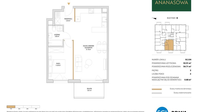 Rzut - Mieszkanie na sprzedaż 2 pokoje o powierzchni 54,71 m² - numer B.2.04 w Ananasowa