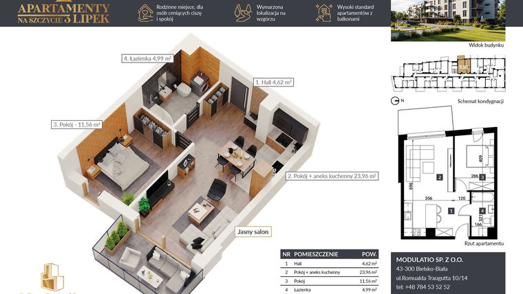 Rzut - Mieszkanie na sprzedaż 2 pokoje o powierzchni 45,13 m² - numer A.3.30 w Apartamenty na Szczycie 3 Lipek