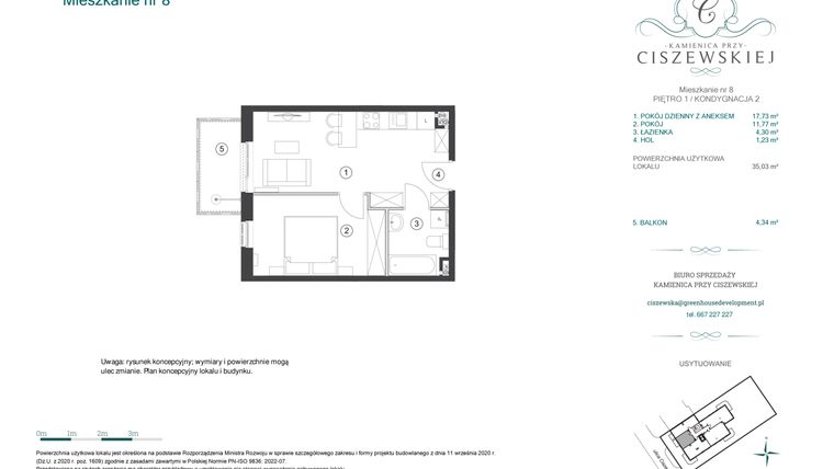 Rzut - Mieszkanie na sprzedaż 2 pokoje o powierzchni 35,03 m² - numer 8 w Kamienica przy Ciszewskiej