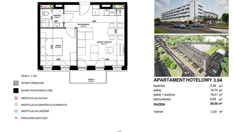 Rzut - Mieszkanie na sprzedaż 2 pokoje o powierzchni 38,51 m² - numer 304 w Apartamentowiec Zwycięska 3 - inwestycyjne