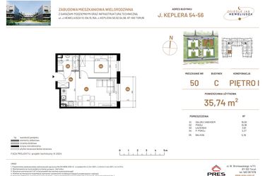 Rzut - Mieszkanie na sprzedaż 2 pokoje o powierzchni 35,74 m² - numer JAR-III-C-LM-M50 w Osiedle JAR Heweliusza etap III