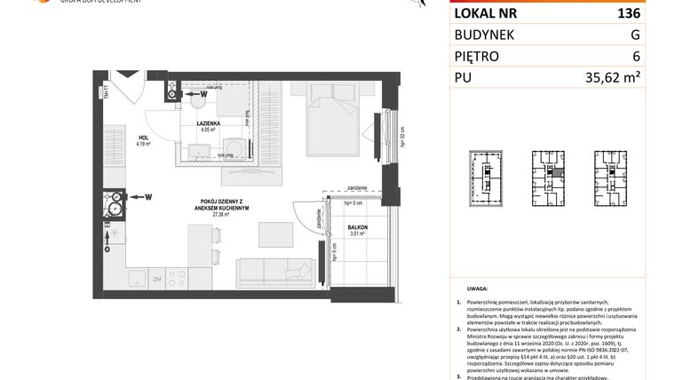 Rzut - Mieszkanie na sprzedaż 1 pokój o powierzchni 35,62 m² - numer G.136 w DOKI Living etap II
