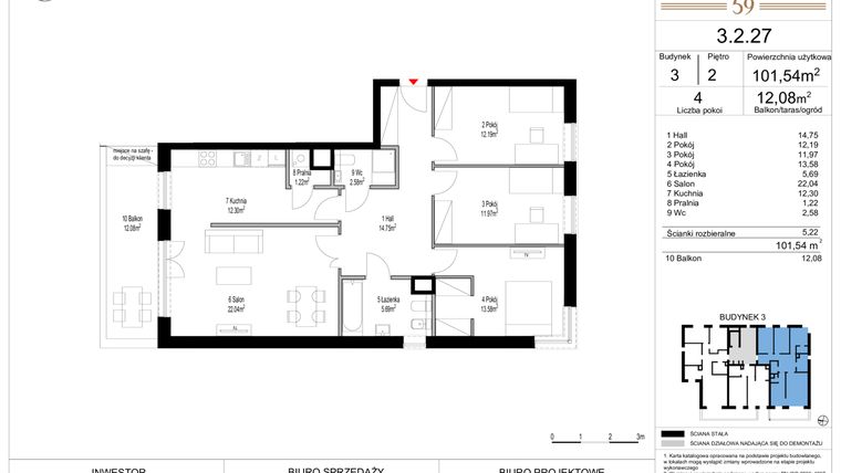 Rzut - Mieszkanie na sprzedaż 4 pokoje o powierzchni 101,54 m² - numer 3.2.27 w Włodarzewska 59