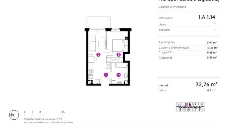 Rzut - Mieszkanie na sprzedaż 2 pokoje o powierzchni 32,76 m² - numer 1.A.1.14 w Murapol Osiedle Dynamiq