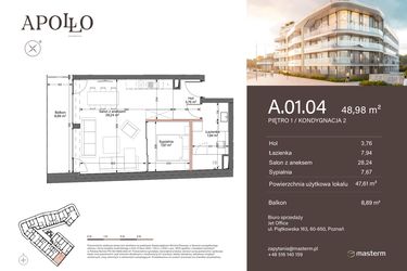 Rzut - Mieszkanie na sprzedaż 2 pokoje o powierzchni 48,98 m² - numer A.1.04 w Apollo Residence