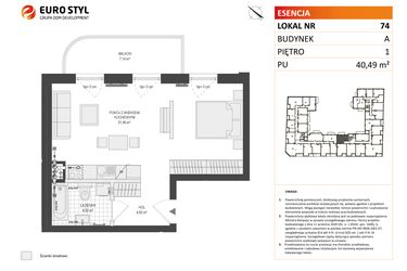 Rzut - Mieszkanie na sprzedaż 1 pokój o powierzchni 40,49 m² - numer A.74 w Esencja