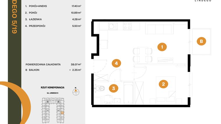 Rzut - Mieszkanie na sprzedaż 2 pokoje o powierzchni 38,07 m² - numer 19 w CLOU LINDEGO