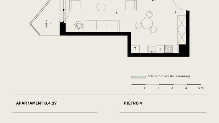 Rzut - Mieszkanie na sprzedaż 1 pokój o powierzchni 36,69 m² - numer B/4/17 w Ogrodowa 12