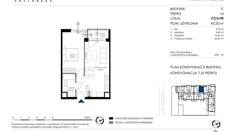 Rzut - Mieszkanie na sprzedaż 2 pokoje o powierzchni 43,2 m² - numer C2/6/05 w Chylońska STO10 etap III
