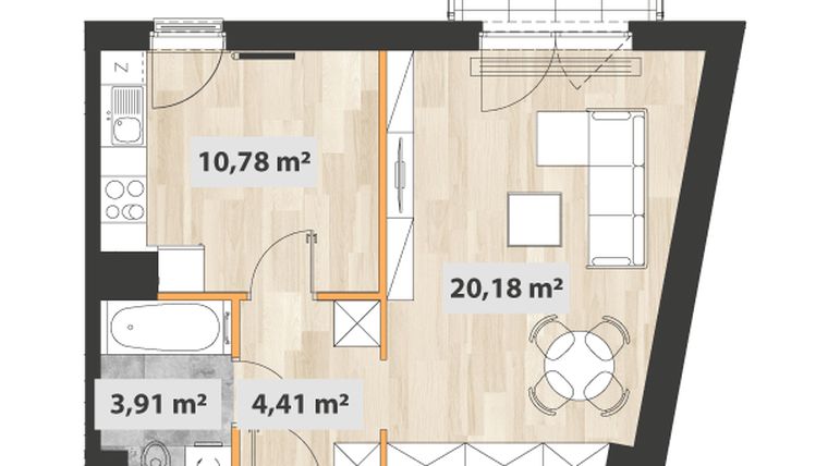 Rzut - Mieszkanie na sprzedaż 1 pokój o powierzchni 40,32 m² - numer A.05.02 w Na Okrzei