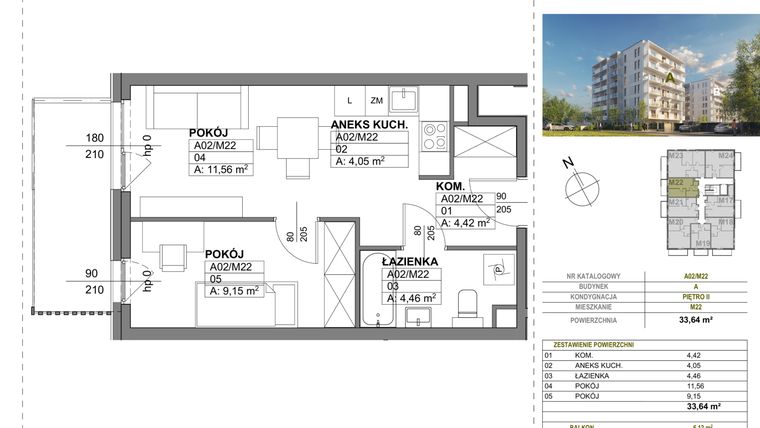 Rzut - Mieszkanie na sprzedaż 2 pokoje o powierzchni 33,64 m² - numer A00_M22 w Wierzbowy Park