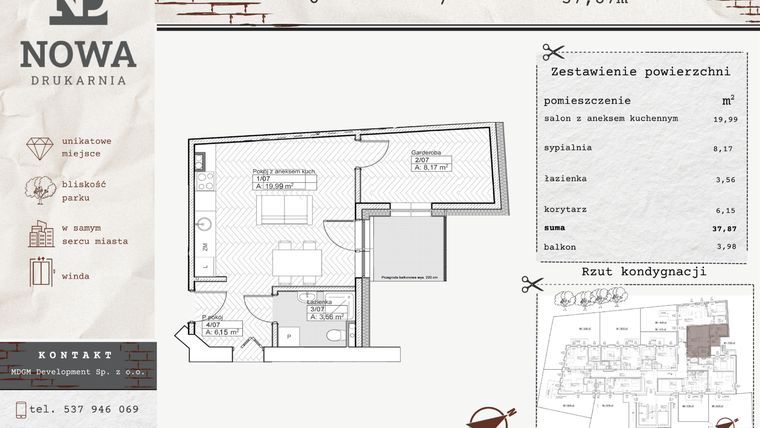Rzut - Mieszkanie na sprzedaż 2 pokoje o powierzchni 37,87 m² - numer M7 w Nowa Drukarnia