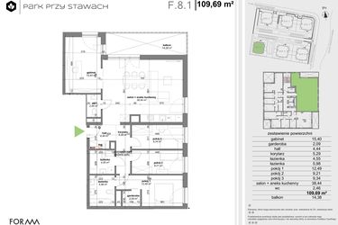Rzut - Mieszkanie na sprzedaż 5 pokoi o powierzchni 109,21 m² - numer F.8.1 w Park Przy Stawach