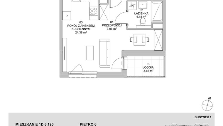 Rzut - Mieszkanie na sprzedaż 1 pokój o powierzchni 31,62 m² - numer 1D.6.190 w Francuska Park VIIIB