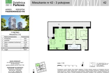 Rzut - Mieszkanie na sprzedaż 3 pokoje o powierzchni 52,67 m² - numer 42/B7 w Dzielnica Parkowa VII