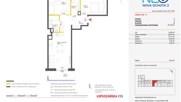 Rzut - Mieszkanie na sprzedaż 3 pokoje o powierzchni 61,13 m² - numer 74 w Neo Nova Ochota 2
