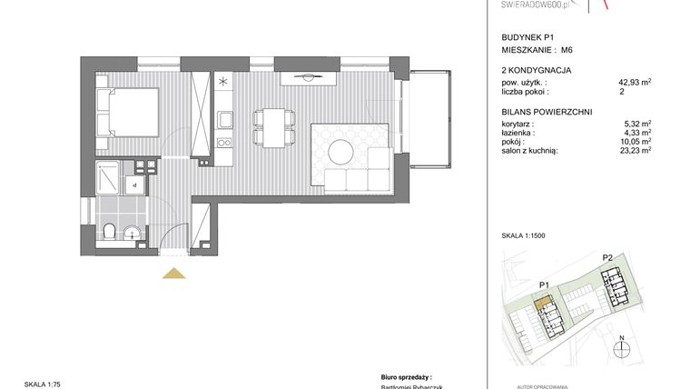Rzut - Mieszkanie na sprzedaż 2 pokoje o powierzchni 42,93 m² - numer P1 M06 w Swieradow600
