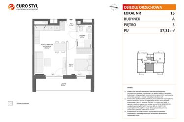 Rzut - Mieszkanie na sprzedaż 2 pokoje o powierzchni 37,31 m² - numer A15 w Osiedle Orzechowa