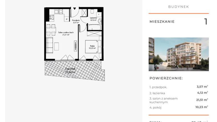 Rzut - Mieszkanie na sprzedaż 2 pokoje o powierzchni 39,43 m² - numer 1 w Bytkowska 4.0