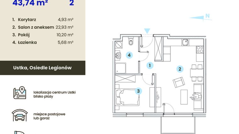 Rzut - Mieszkanie na sprzedaż 2 pokoje o powierzchni 43,74 m² - numer 2.5 w Ustka Flow