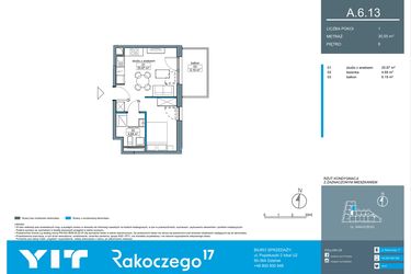 Rzut - Mieszkanie na sprzedaż 1 pokój o powierzchni 30,62 m² - numer A.6.13 w Rakoczego 17