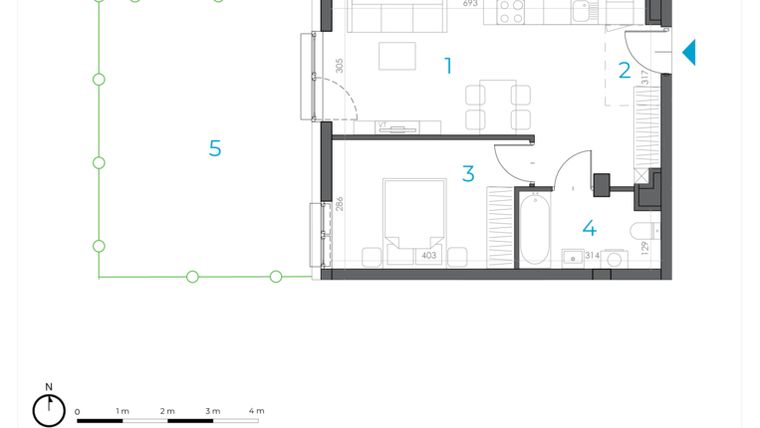 Rzut - Mieszkanie na sprzedaż 2 pokoje o powierzchni 41,46 m² - numer 1.M.08 w Incepti Gaj 2
