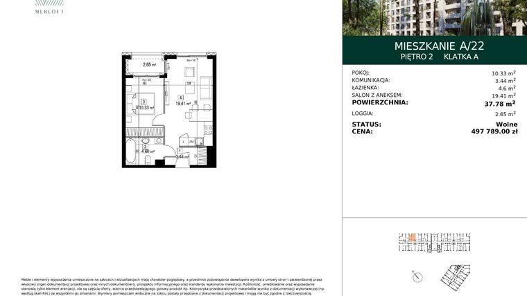 Rzut - Mieszkanie na sprzedaż 2 pokoje o powierzchni 37,78 m² - numer A/22 w Merloft